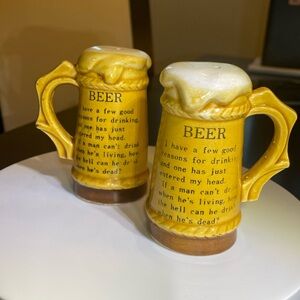 Vintage 70’s Beer Stein Mugs Ceramic salt and pepper shakers, Bar Ware